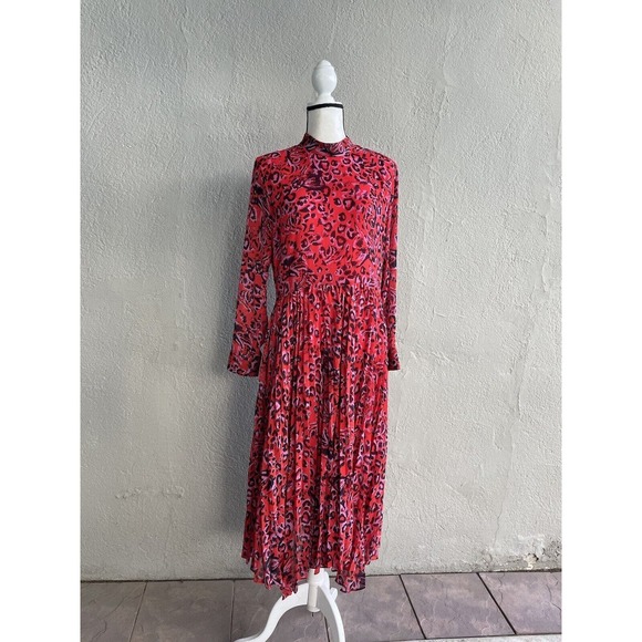 Whistles Red Jungle Cat Dress Us 10 Pleated Midi ASO Leopard Fit Flare - Picture 1 of 12